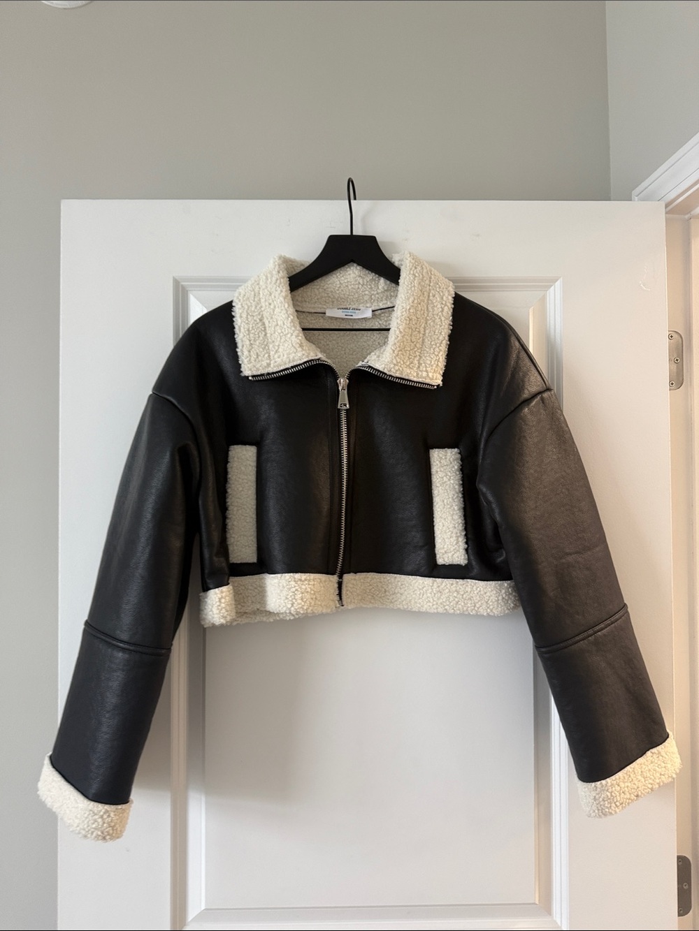 Double Zero Black Faux Leather Cropped Jacket with Cream Sherpa